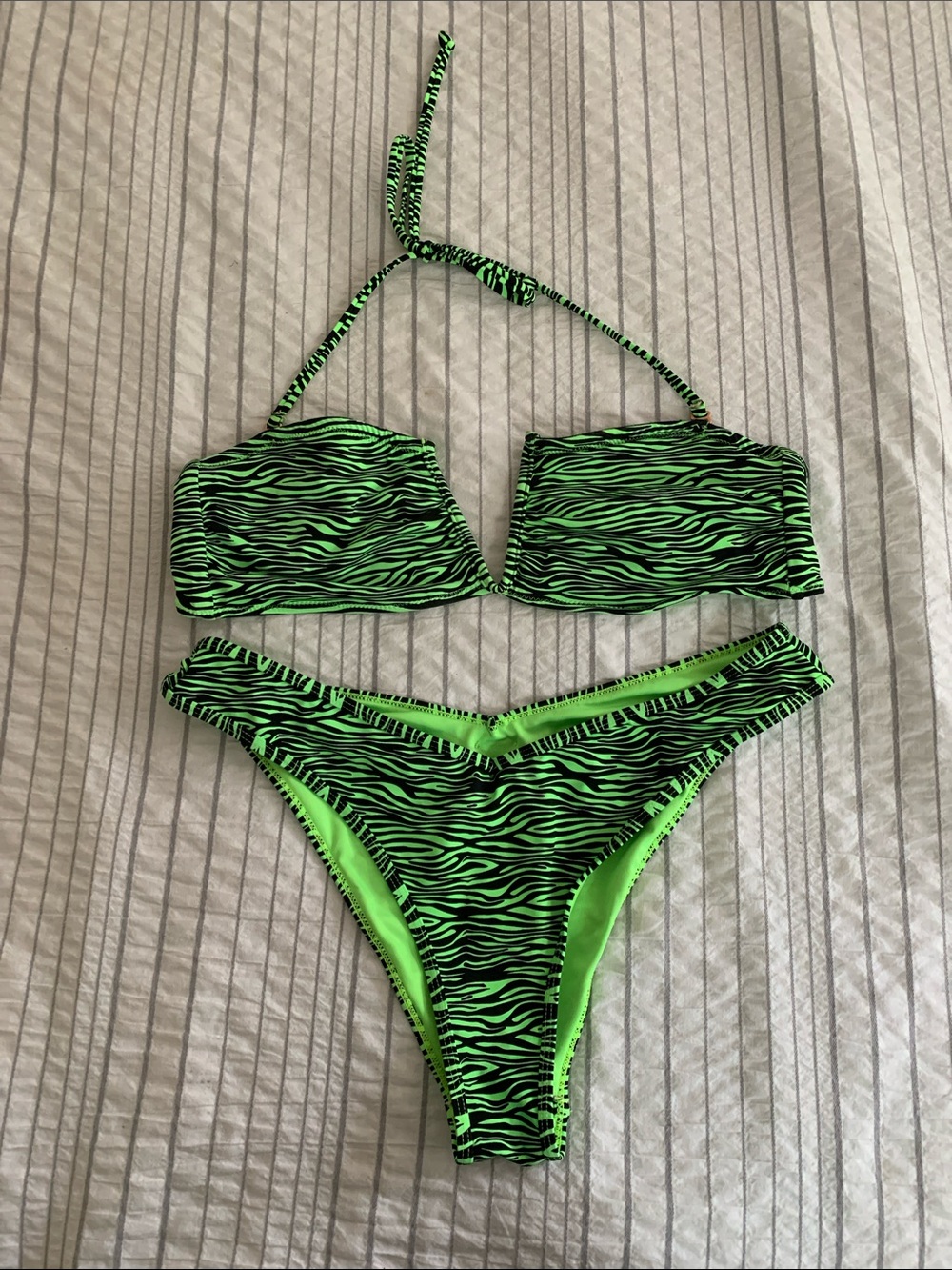 Neon Green Zebra Print High Cut Two-Piece Swimsuit Bikini